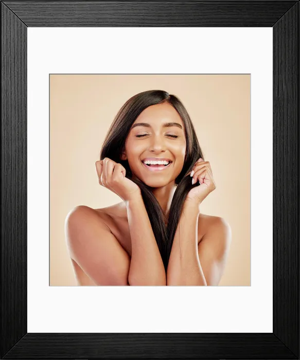 Framed Print : Beauty, hair care and face of a happy woman in studio with natural glow and shine Framed Print : Beauty, hair care and face of a happy woman in studio with natural glow and shine