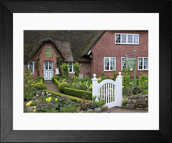 Framed Print : Colourful flowers in garden of Frisian traditional house with straw-thatched roof at Sankt Peter-Ording Framed Print : Colourful flowers in garden of Frisian traditional house with straw-thatched roof at Sankt Peter-Ording