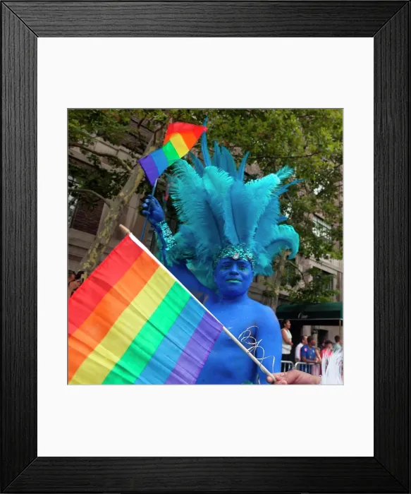 Framed Print : New York - United States, gay pride parade on fifth avenue, Portrait of a man who is painted blue Framed Print : New York - United States, gay pride parade on fifth avenue, Portrait of a man who is painted blue