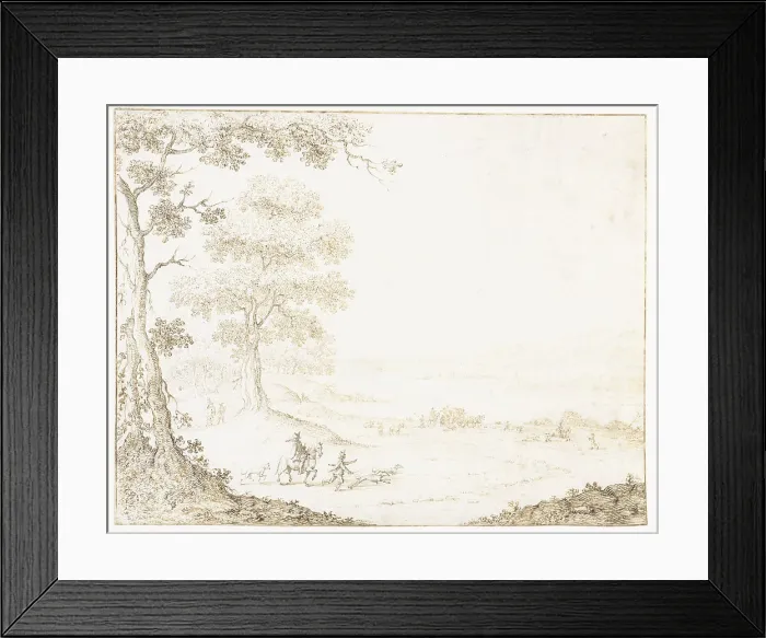 Framed Print : Coach and riders in a landscape by a wide water Framed Print : Coach and riders in a landscape by a wide water