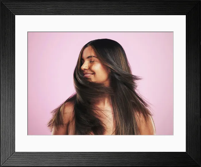 Framed Print : Hair care, smile and woman shaking head in studio Framed Print : Hair care, smile and woman shaking head in studio