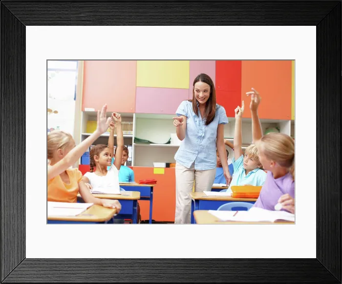 Framed Print : Woman, question and children with hands raised in class for education Framed Print : Woman, question and children with hands raised in class for education