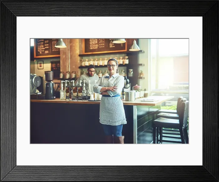 Framed Print : Crossed arms, woman and portrait of waitress in restaurant with confidence for food industry Framed Print : Crossed arms, woman and portrait of waitress in restaurant with confidence for food industry