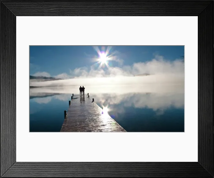 Framed Print : Couple Standing On A Dock And Silhouetted Against The Fog Lifting From Lake Whatcom During Winter