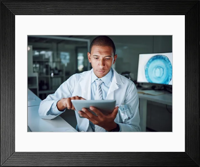 Framed Print : Man, night or tablet in science laboratory for medical research Framed Print : Man, night or tablet in science laboratory for medical research