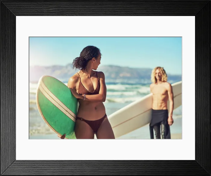 Framed Print : Woman, surfer and bikini on beach for summer vacation Framed Print : Woman, surfer and bikini on beach for summer vacation