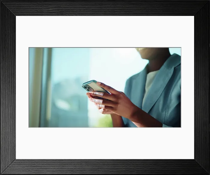 Framed Print : Cellphone, hands and businesswoman in office with networking Framed Print : Cellphone, hands and businesswoman in office with networking