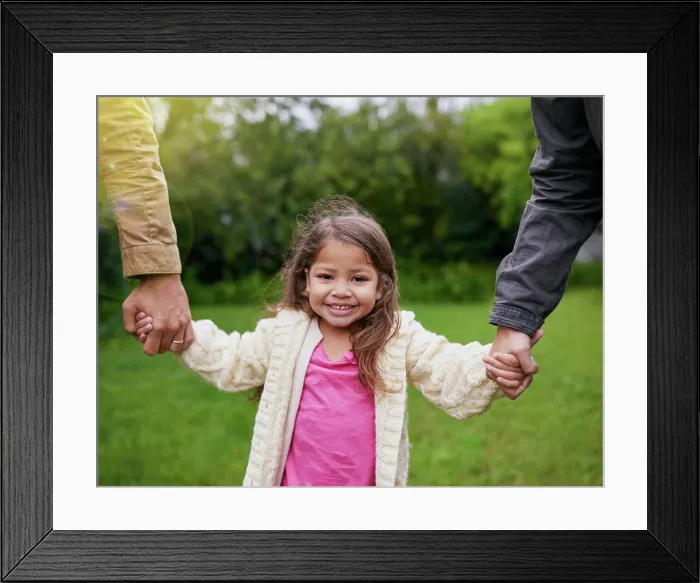 Framed Print : Portrait, parents and kid holding hands in park with smile