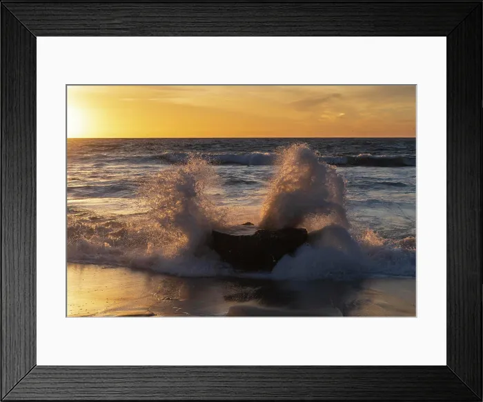 Framed Print : Golden sunset light coming through the white water crashing off a rock Framed Print : Golden sunset light coming through the white water crashing off a rock