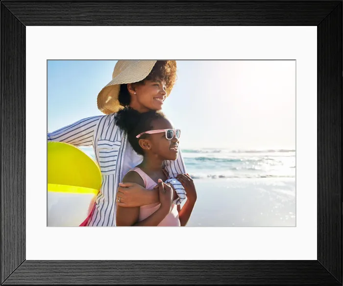 Framed Print : African mom, girl and hug on beach for holiday