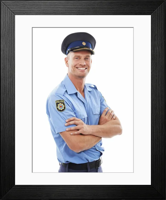 Framed Print : Police officer, arms crossed and man isolated on a white background for career vision