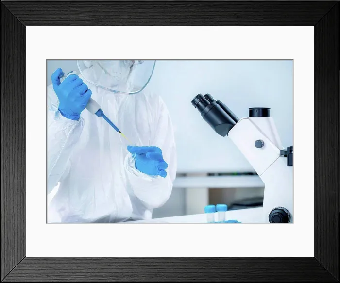 Framed Print : Coronavirus vaccine research, scientist working in the laboratory, holding a micropipette
