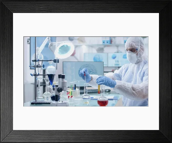 Framed Print : Microbiologist scientist researcher mixing medical solution developing vaccine Framed Print : Microbiologist scientist researcher mixing medical solution developing vaccine