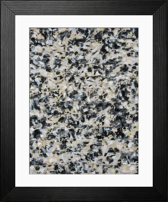 Framed Print : Black, white and other neutral tones consume this painting with interwoven marks that emerge