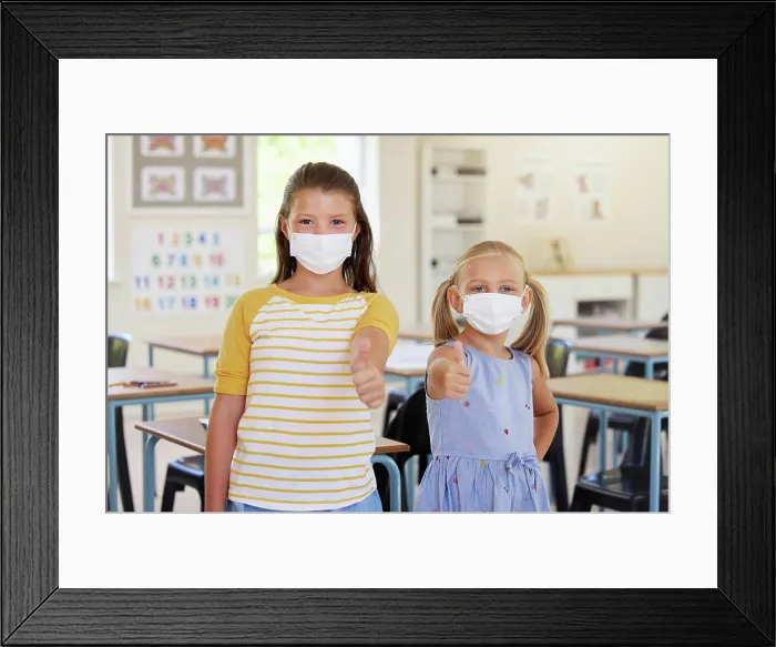 Framed Print : School kids, thumbs up and healthy students wearing masks in a classroom protecting against covid Framed Print : School kids, thumbs up and healthy students wearing masks in a classroom protecting against covid