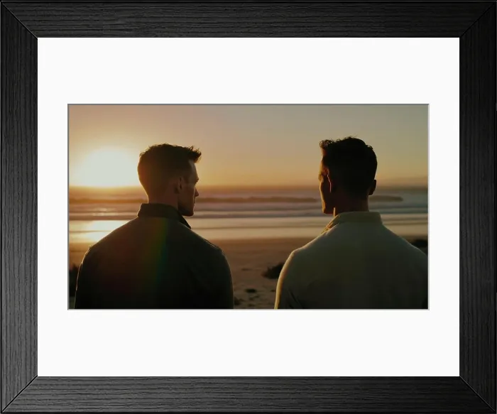 Framed Print : Image AI. Image of two gay men on the beach looking at the sea
