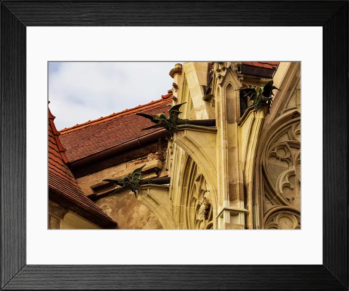 Framed Print : Romania, Transylvania. Winged beast monsters as designs on castle building Framed Print : Romania, Transylvania. Winged beast monsters as designs on castle building