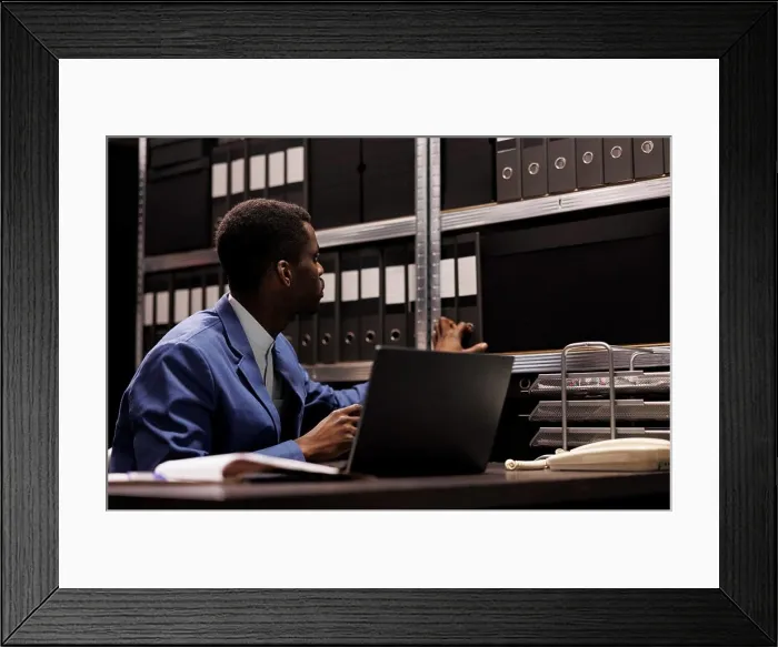Framed Print : Officer looking at shelves Framed Print : Officer looking at shelves