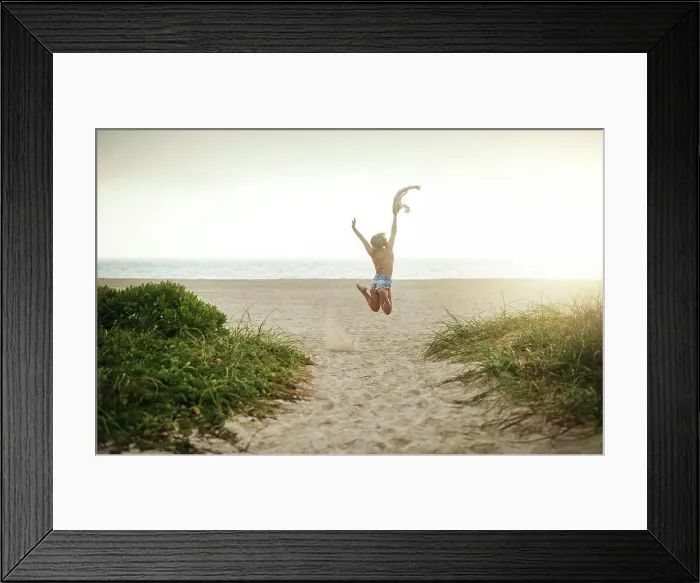 Framed Print : Beach, woman and jumping with fun on break for summer holiday Framed Print : Beach, woman and jumping with fun on break for summer holiday