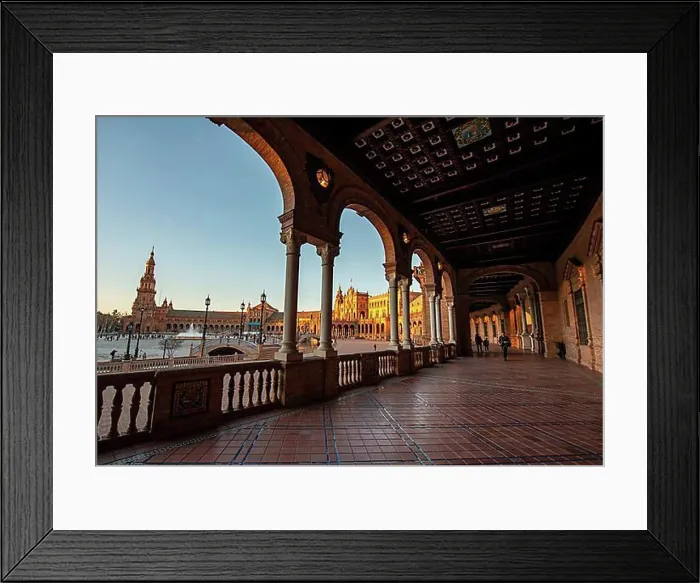 Framed Print : View from the gallery to the Plaza de Espana in the evening light, sunset, Sevilla, Andalusia, Spain, Europe Framed Print : View from the gallery to the Plaza de Espana in the evening light, sunset, Sevilla, Andalusia, Spain, Europe