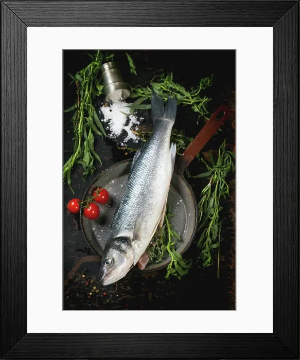 Framed Print : Fisch mit Kräutern Raw fish seabass served with herbs Framed Print : Fisch mit Kräutern Raw fish seabass served with herbs