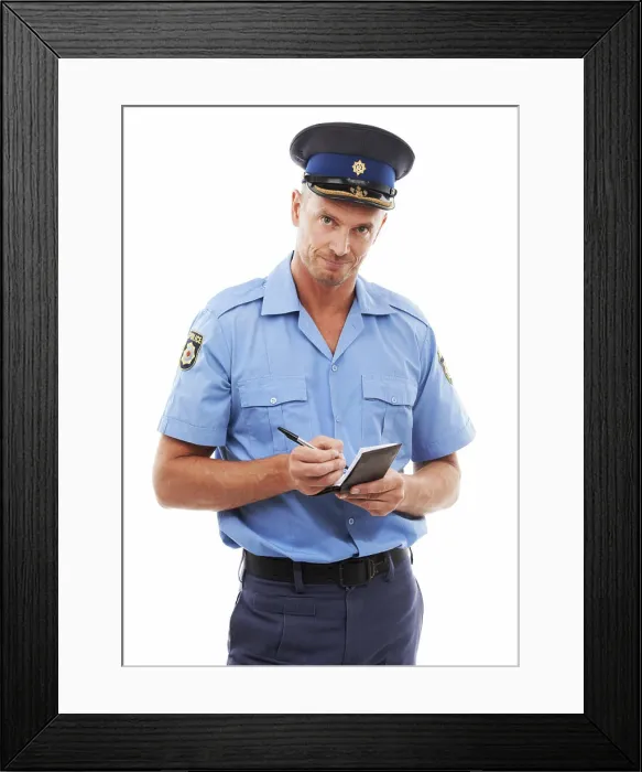 Framed Print : Parking fine, writing ticket and portrait of police on white background with notepad for traffic laws