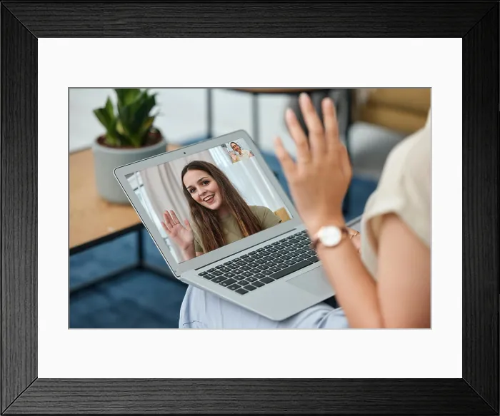 Framed Print : Laptop screen, wave and video call with woman in living room for communication Framed Print : Laptop screen, wave and video call with woman in living room for communication
