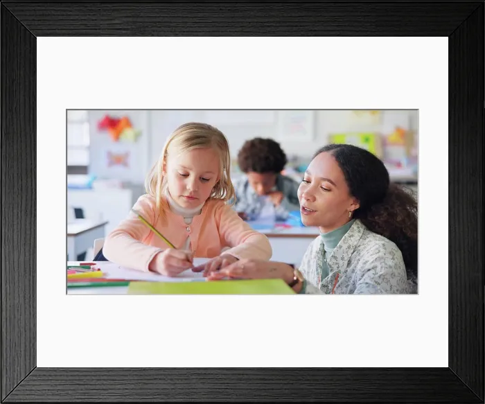 Framed Print : Teacher, girl and help with writing Framed Print : Teacher, girl and help with writing