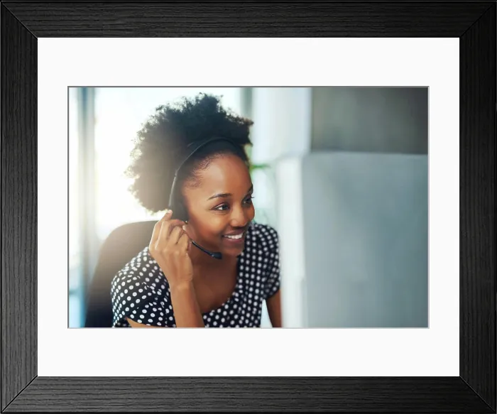 Framed Print : Happy, black woman and consultant with headphones at call center for customer service or technical support at office Framed Print : Happy, black woman and consultant with headphones at call center for customer service or technical support at office