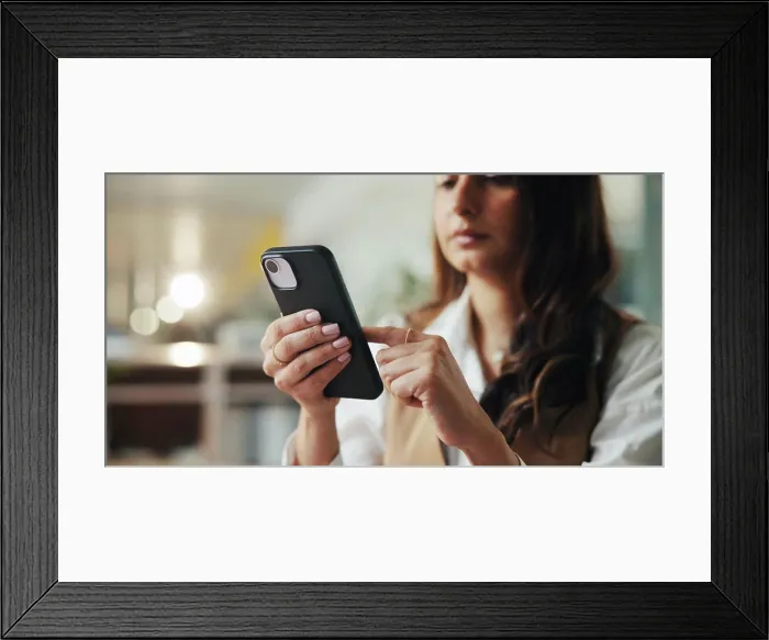 Framed Print : Phone, scroll and reading with business woman in office for event planning Framed Print : Phone, scroll and reading with business woman in office for event planning