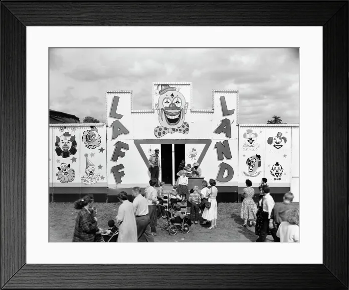Framed Print : 1950s LINE OF PEOPLE AT ENTRANCE TO FUNHOUSE BYING TICKETS AT LOCAL FAIR Framed Print : 1950s LINE OF PEOPLE AT ENTRANCE TO FUNHOUSE BYING TICKETS AT LOCAL FAIR