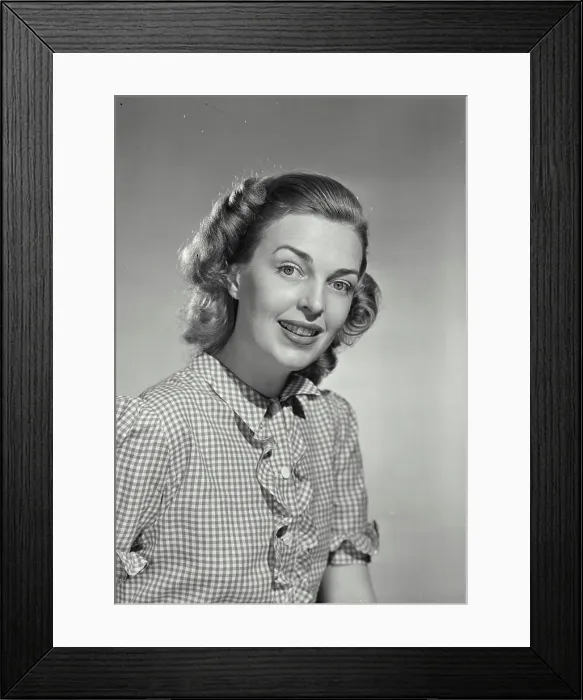 Framed Print : Vintage photograph. Woman wearing gingham blouse smiling Framed Print : Vintage photograph. Woman wearing gingham blouse smiling