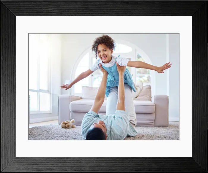 Framed Print : Game, airplane and portrait of kid with dad for trust