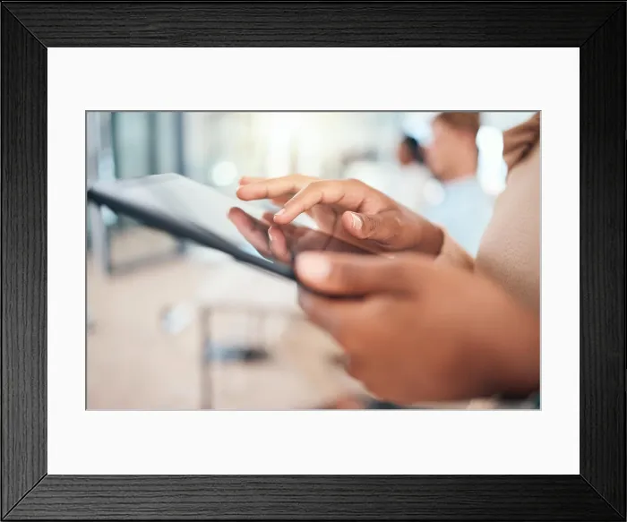 Framed Print : Tablet, woman hands and communication using technology for networking