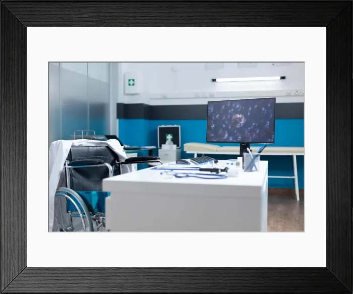 Framed Print : Empty examination office with computer standing on desk table Framed Print : Empty examination office with computer standing on desk table
