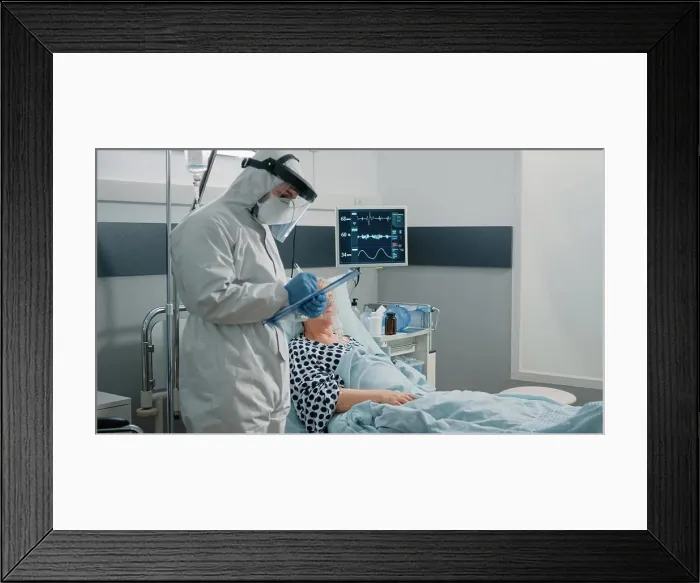 Framed Print : Patient with coronavirus talking to doctor in protective suit Framed Print : Patient with coronavirus talking to doctor in protective suit