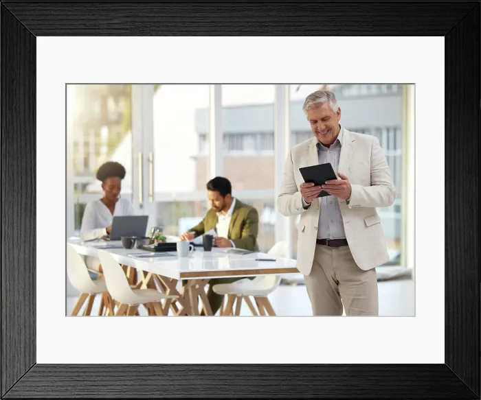 Framed Print : Business, man and tablet with connection