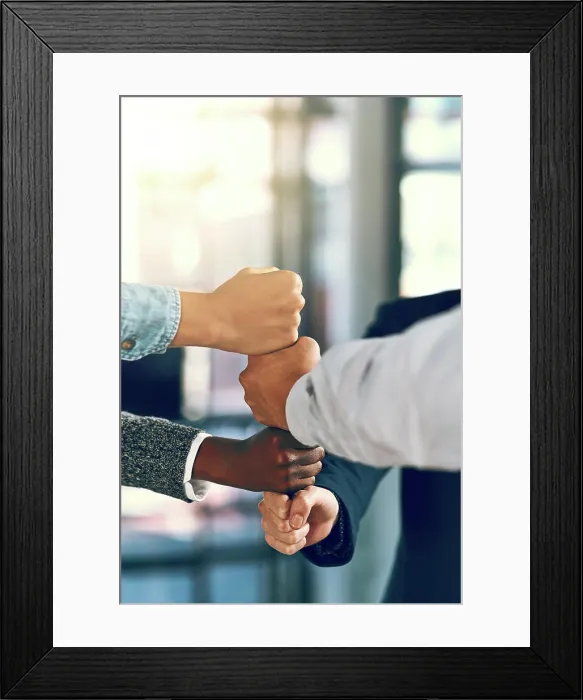 Framed Print : Business people, fist and stack in office for teamwork