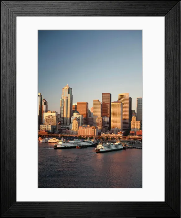 Framed Print : Seattle, Washington, aerial view of ferrys on Elliott Bay and downtown Seattle Framed Print : Seattle, Washington, aerial view of ferrys on Elliott Bay and downtown Seattle