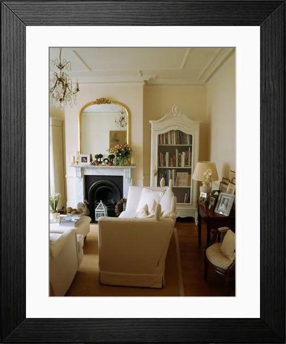 Framed Print : Mirror above fireplace in traditional living room Framed Print : Mirror above fireplace in traditional living room