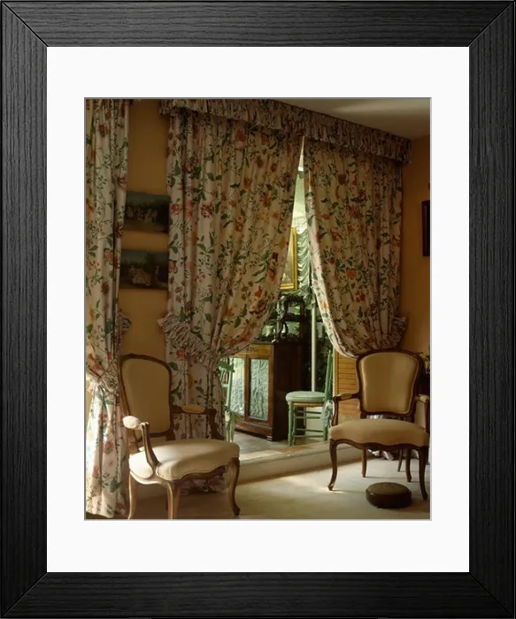 Framed Print : Patterned curtains in traditional living room Framed Print : Patterned curtains in traditional living room