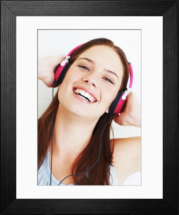 Framed Print : Music headphones, happy face and woman portrait listening to fun girl song Framed Print : Music headphones, happy face and woman portrait listening to fun girl song