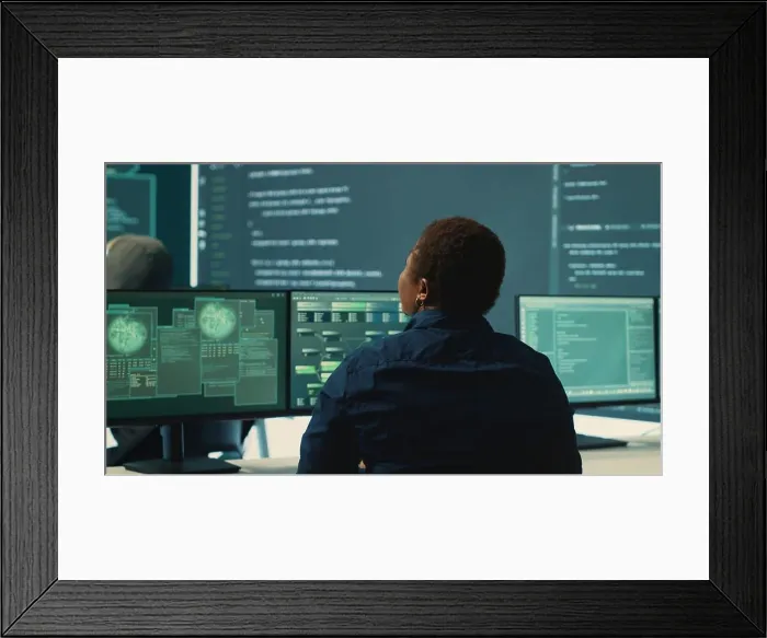 Framed Print : Governmental hackers analyzing big data for cyber threat detection Framed Print : Governmental hackers analyzing big data for cyber threat detection