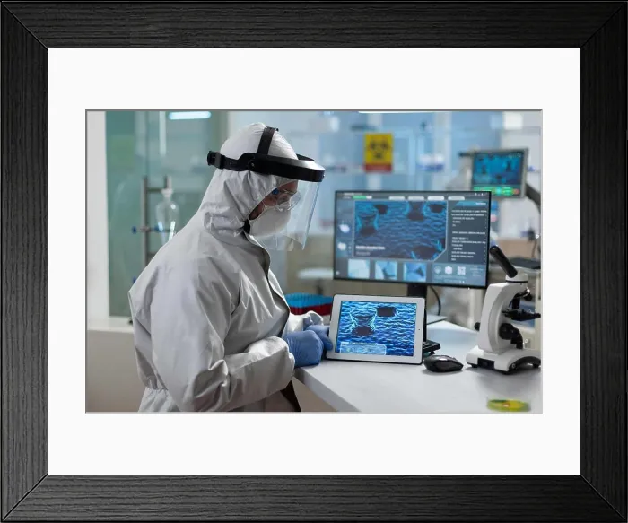 Framed Print : Chemist researcher wearing covid19 protective equipment looking at tablet Framed Print : Chemist researcher wearing covid19 protective equipment looking at tablet