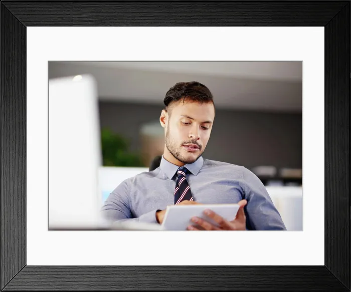 Framed Print : Finance, review and tablet with business man in office for account management or administration Framed Print : Finance, review and tablet with business man in office for account management or administration