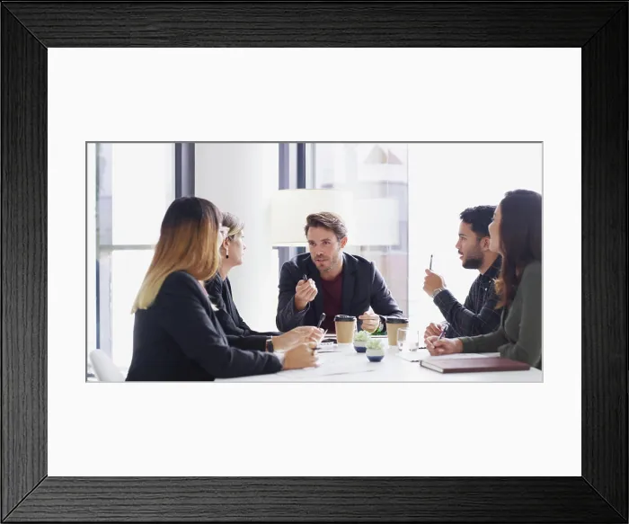 Framed Print : Meeting, business people and brainstorming with manager in office for idea or financial strategy Framed Print : Meeting, business people and brainstorming with manager in office for idea or financial strategy