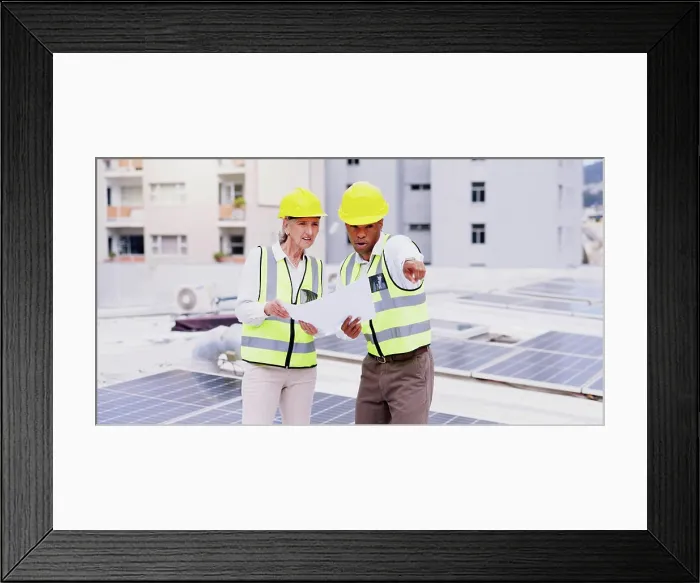 Framed Print : Solar panel, blueprint and people in city for planning Framed Print : Solar panel, blueprint and people in city for planning