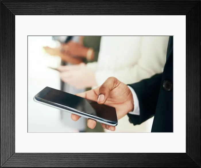 Framed Print : Hands, business and people with smartphone in row at office for connection and communication Framed Print : Hands, business and people with smartphone in row at office for connection and communication