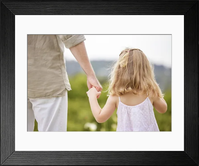 Framed Print : Garden, dad and girl with holding hands for care