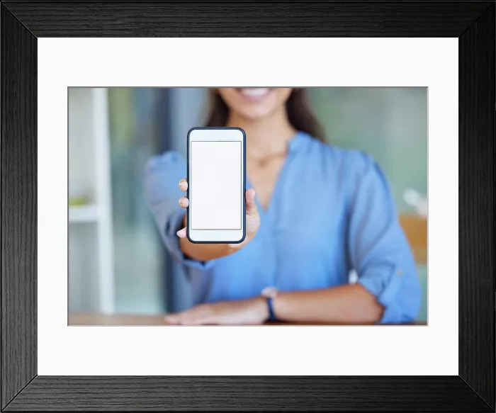 Framed Print : Phone screen, mockup and office hands for mobile app Framed Print : Phone screen, mockup and office hands for mobile app